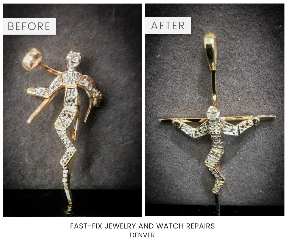 before and after of a broken necklace that has been fixed