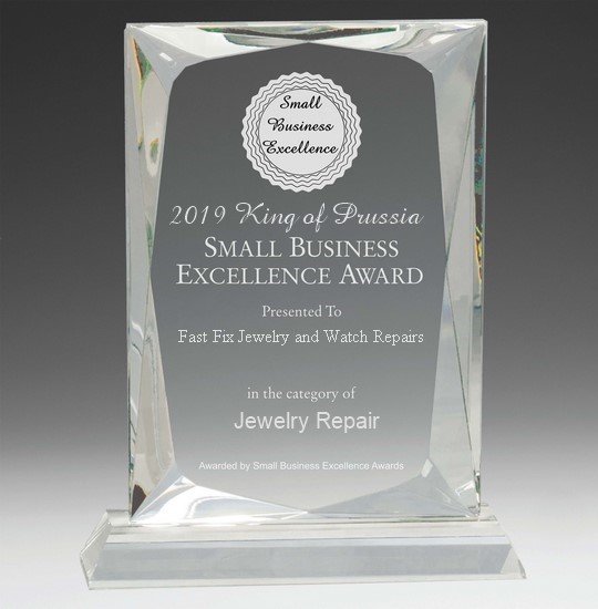 Clear rectangular award depicting Fast Fix Jewelry and Watch Repairs King of Prussia as the 2019 Small Business Excellence Award Winner in the Jewelry Repair Category