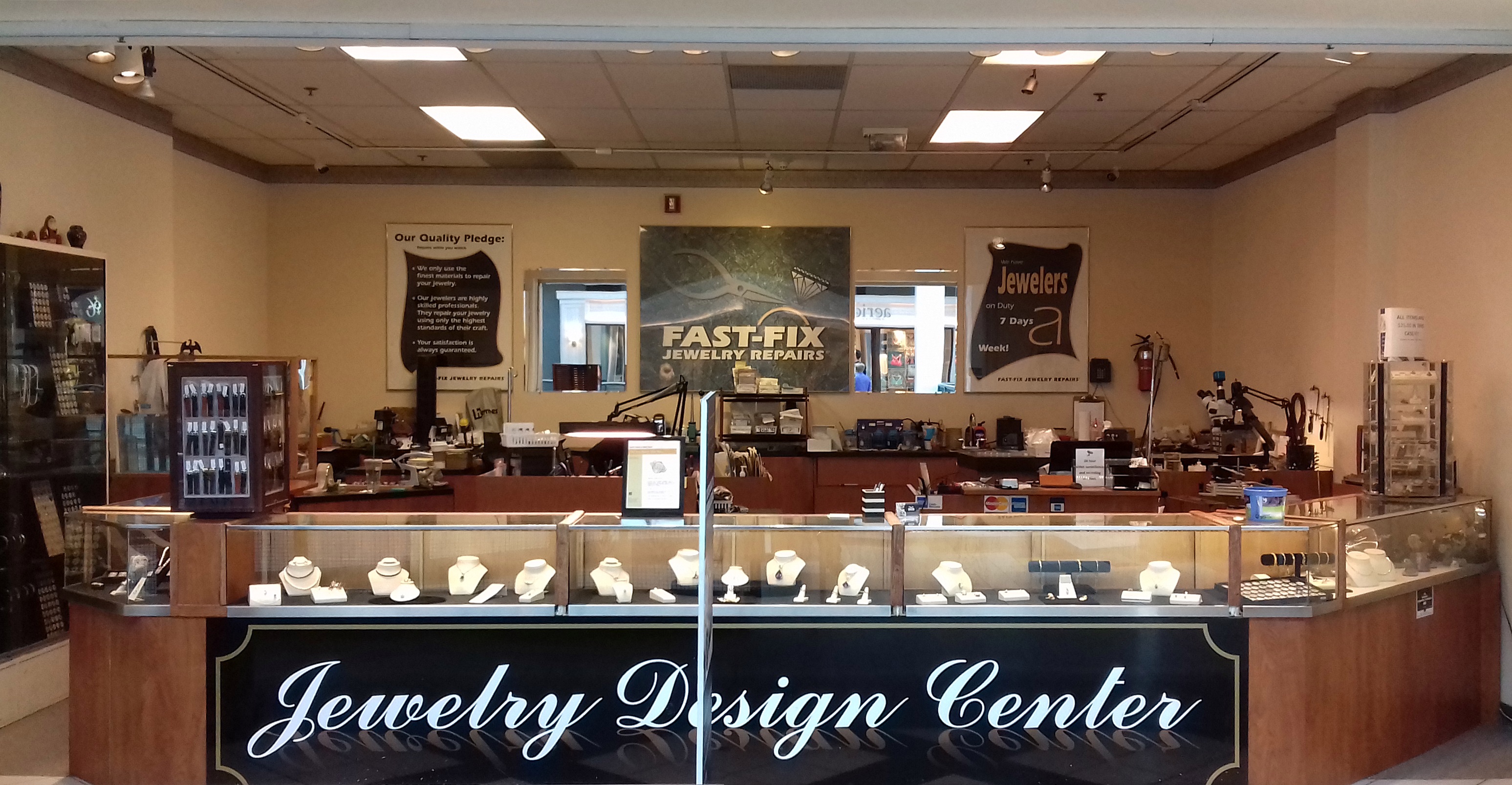 Interior of a Fast-Fix franchise store with jewelry counter on display 