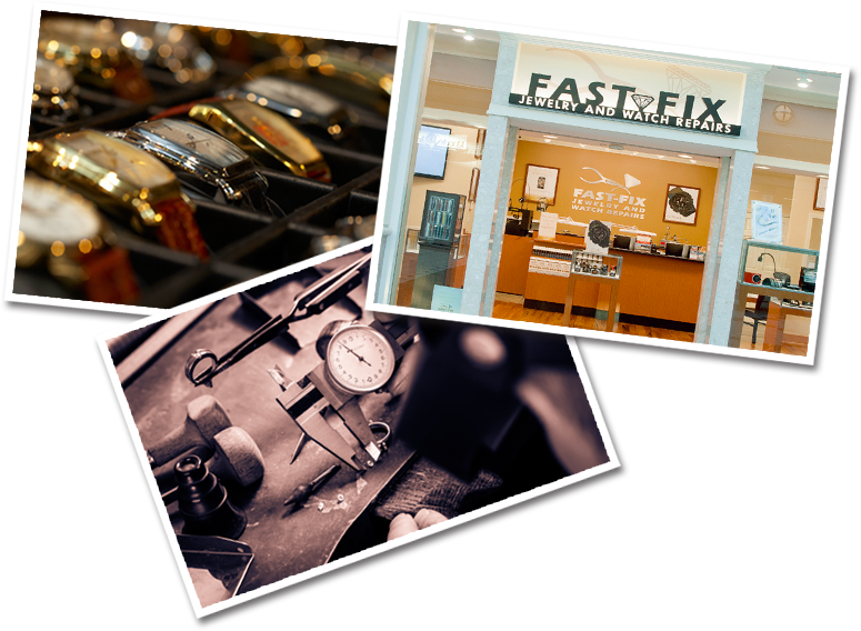 Several watches lined up on display, a welder working on a watch to fix it for a customer, and a Fast-Fix store front with a window display