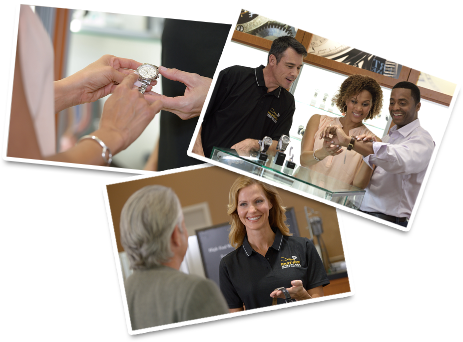 Woman looking at a watch, 2 shoppers looking at a watch for a man, and a store clerk greeting a customer with a smile